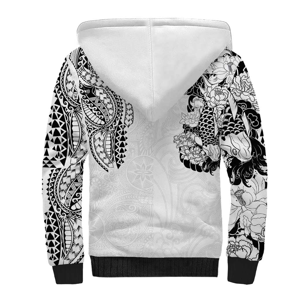Japanese Irezumi and Hawaiian Polynesian Art Tattoo Sherpa Hoodie White Color - Polynesian Pride