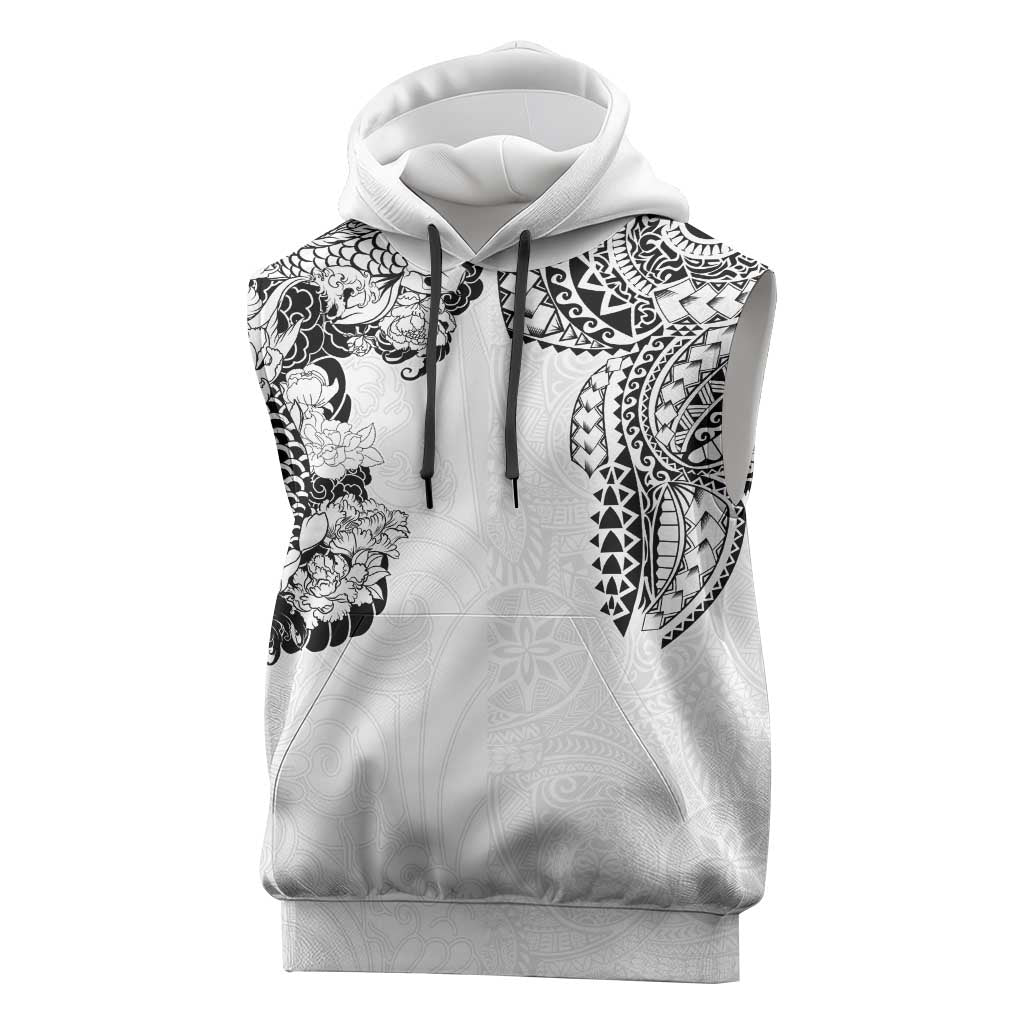 Japanese Irezumi and Hawaiian Polynesian Art Tattoo Sleeveless Hoodie White Color - Polynesian Pride