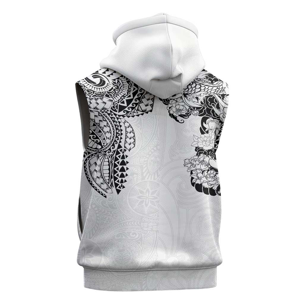 Japanese Irezumi and Hawaiian Polynesian Art Tattoo Sleeveless Hoodie White Color - Polynesian Pride