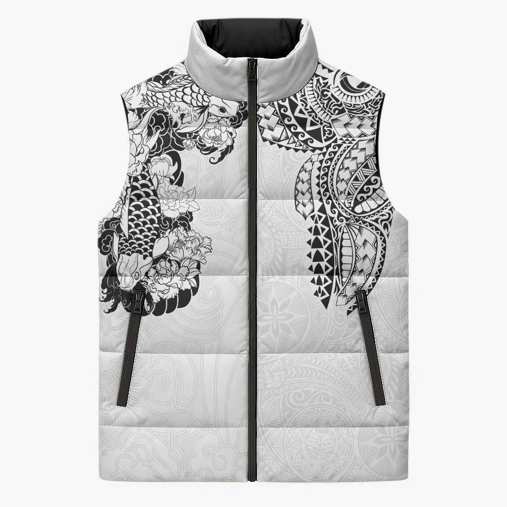 Japanese Irezumi and Hawaiian Polynesian Art Tattoo Sleeveless Puffer Jacket White Color - Polynesian Pride