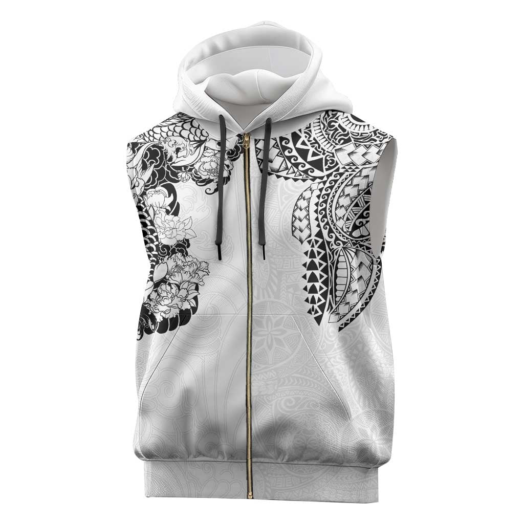 Japanese Irezumi and Hawaiian Polynesian Art Tattoo Sleeveless Zip Hoodie White Color - Polynesian Pride