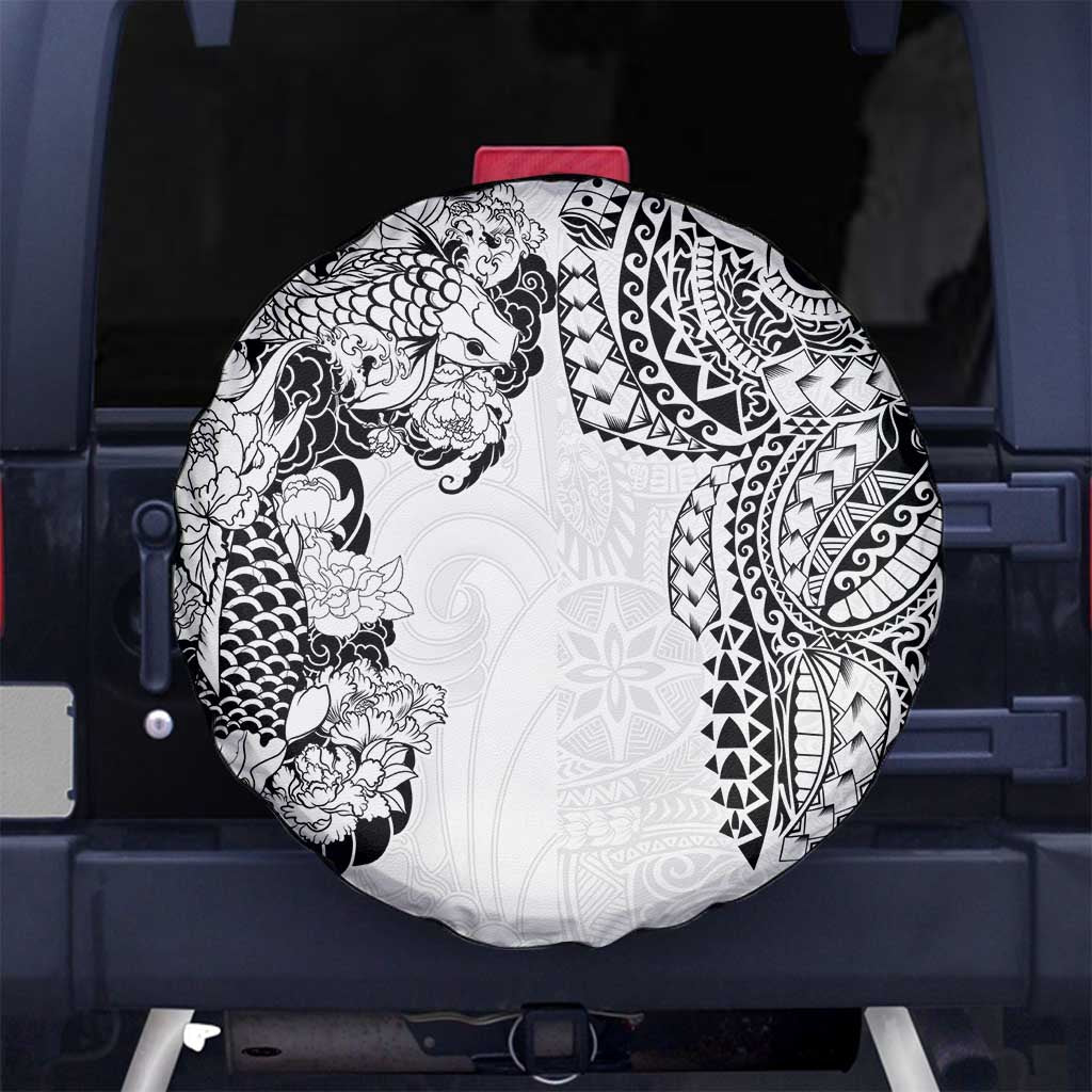 Japanese Irezumi and Hawaiian Polynesian Art Tattoo Spare Tire Cover White Color - Polynesian Pride