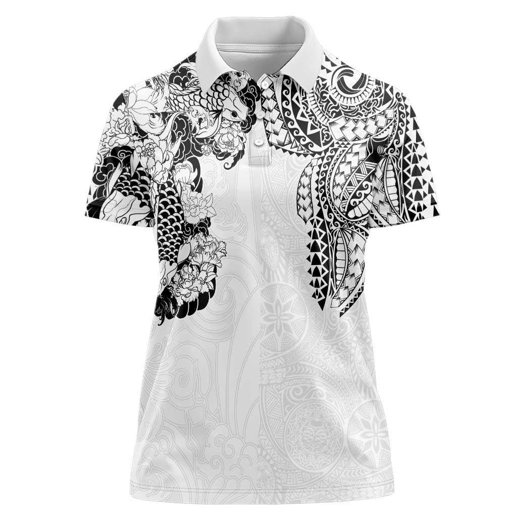 Japanese Irezumi and Hawaiian Polynesian Art Tattoo Women Polo Shirt White Color - Polynesian Pride