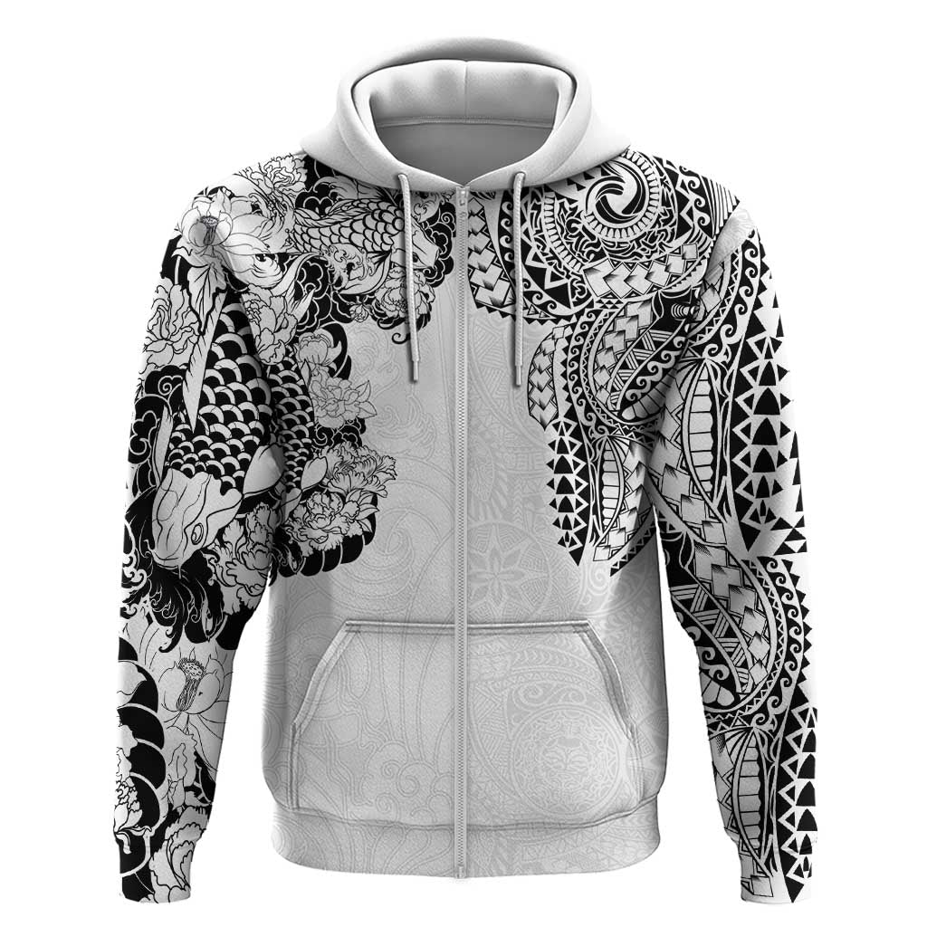 Japanese Irezumi and Hawaiian Polynesian Art Tattoo Zip Hoodie White Color - Polynesian Pride