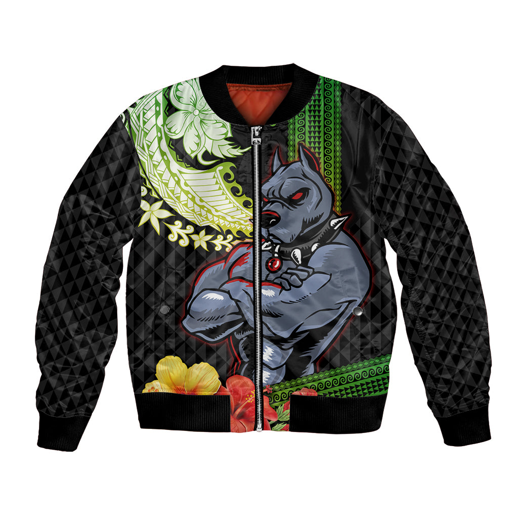Hawaii Kaimuki High School Bomber Jacket Tribal Kakau Pattern Mix Hibiscus Flower LT03 Unisex Black - Polynesian Pride