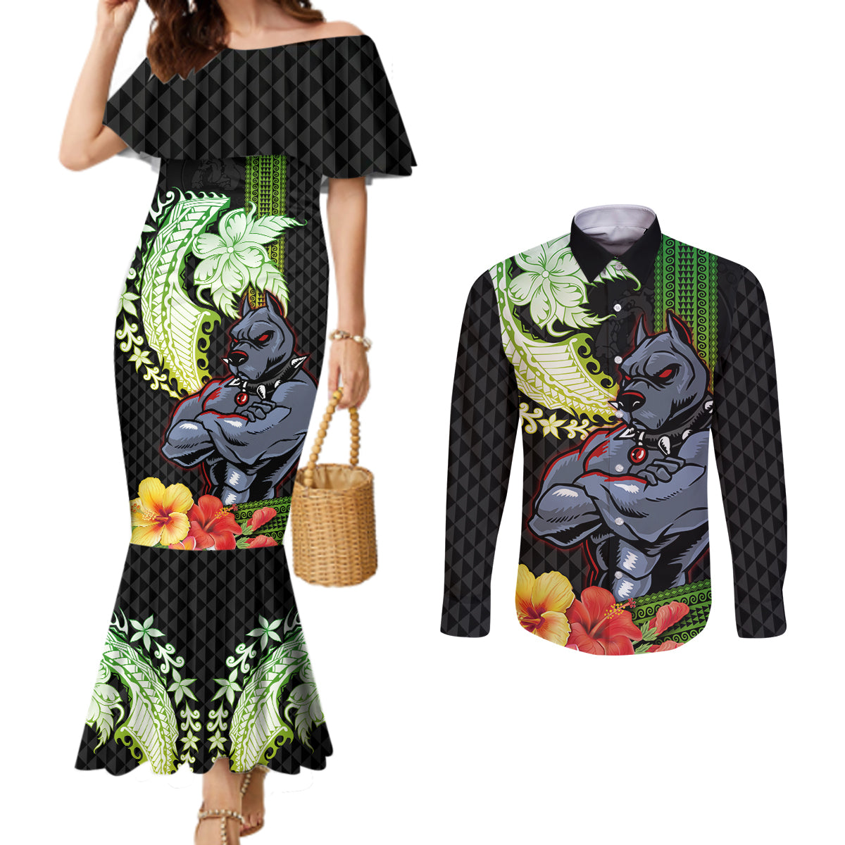 Hawaii Kaimuki High School Couples Matching Mermaid Dress and Long Sleeve Button Shirt Tribal Kakau Pattern Mix Hibiscus Flower LT03 Black - Polynesian Pride