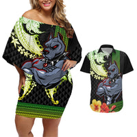 Hawaii Kaimuki High School Couples Matching Off Shoulder Short Dress and Hawaiian Shirt Tribal Kakau Pattern Mix Hibiscus Flower LT03 Black - Polynesian Pride