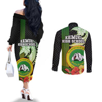Hawaii Kaimuki High School Couples Matching Off The Shoulder Long Sleeve Dress and Long Sleeve Button Shirt Tribal Kakau Pattern Mix Hibiscus Flower LT03 - Polynesian Pride