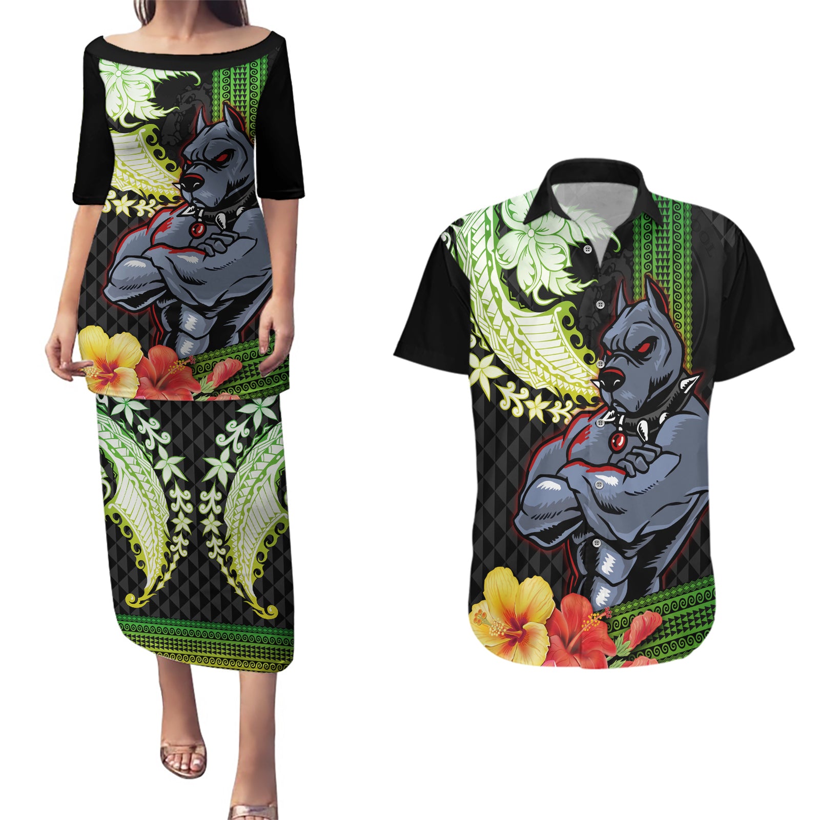 Hawaii Kaimuki High School Couples Matching Puletasi Dress and Hawaiian Shirt Tribal Kakau Pattern Mix Hibiscus Flower LT03 Black - Polynesian Pride