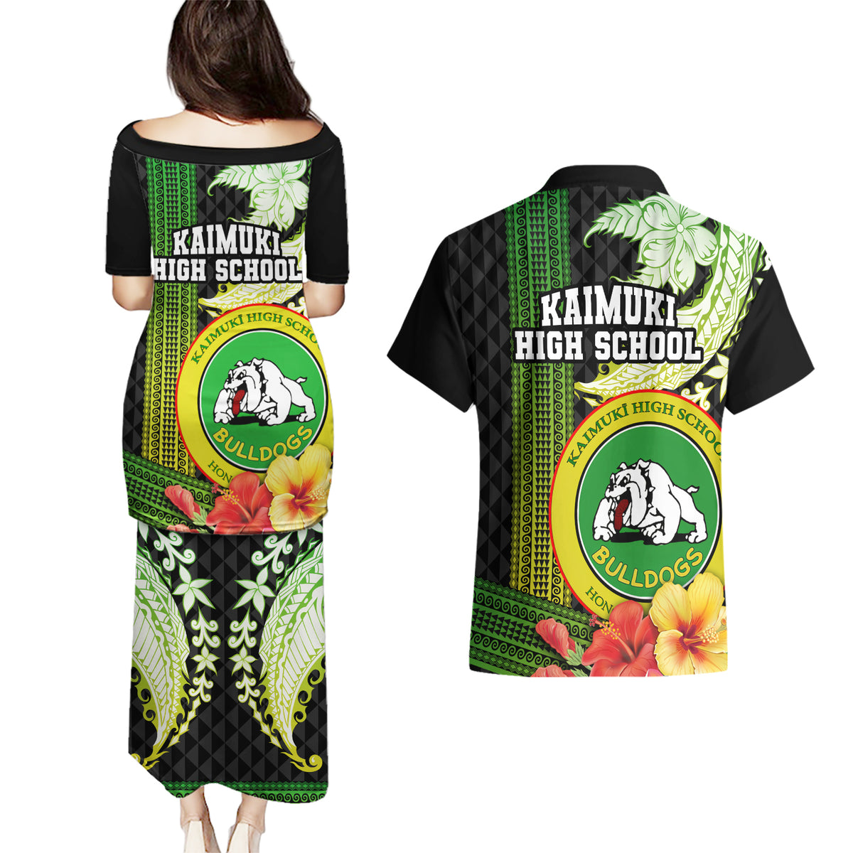 Hawaii Kaimuki High School Couples Matching Puletasi Dress and Hawaiian Shirt Tribal Kakau Pattern Mix Hibiscus Flower LT03 - Polynesian Pride