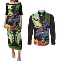 Hawaii Kaimuki High School Couples Matching Puletasi Dress and Long Sleeve Button Shirt Tribal Kakau Pattern Mix Hibiscus Flower LT03 Black - Polynesian Pride
