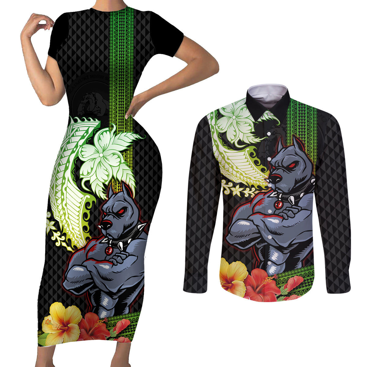 Hawaii Kaimuki High School Couples Matching Short Sleeve Bodycon Dress and Long Sleeve Button Shirt Tribal Kakau Pattern Mix Hibiscus Flower LT03 Black - Polynesian Pride