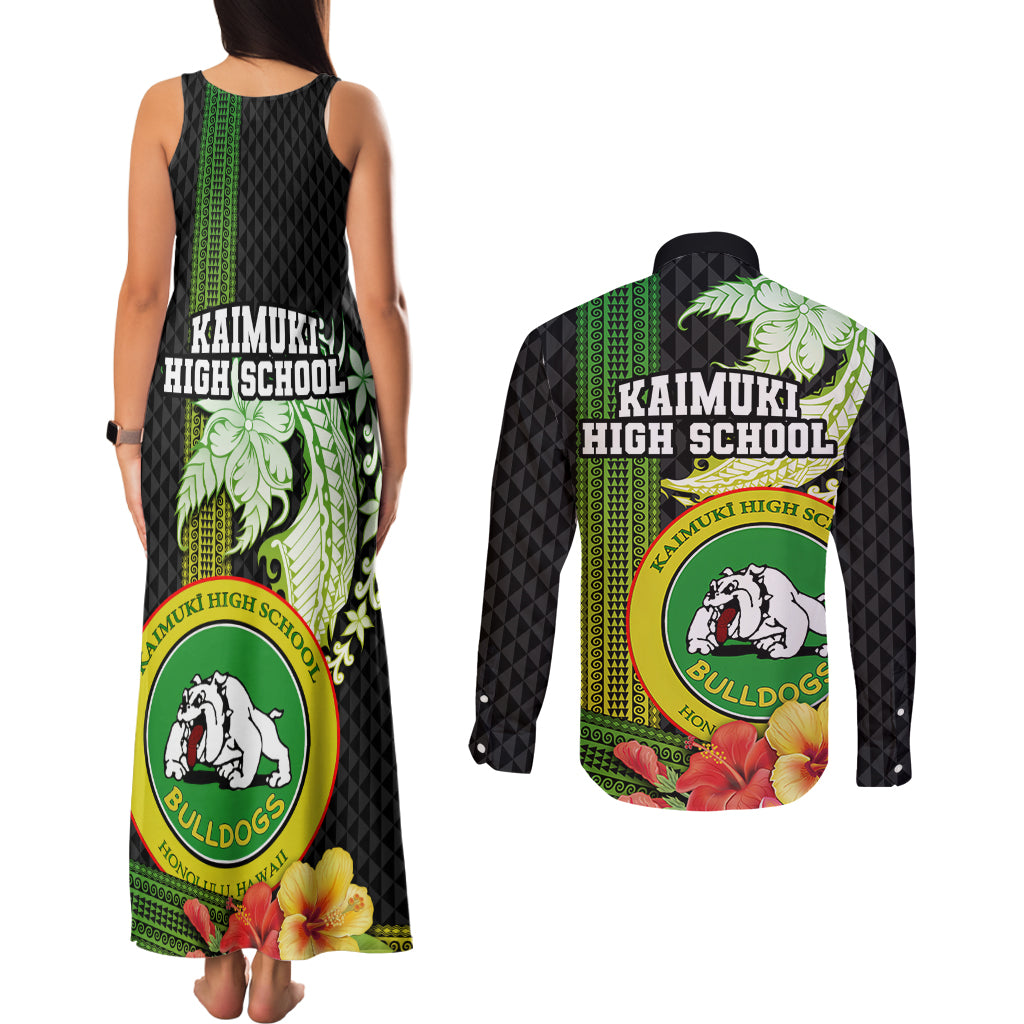 Hawaii Kaimuki High School Couples Matching Tank Maxi Dress and Long Sleeve Button Shirt Tribal Kakau Pattern Mix Hibiscus Flower LT03 - Polynesian Pride