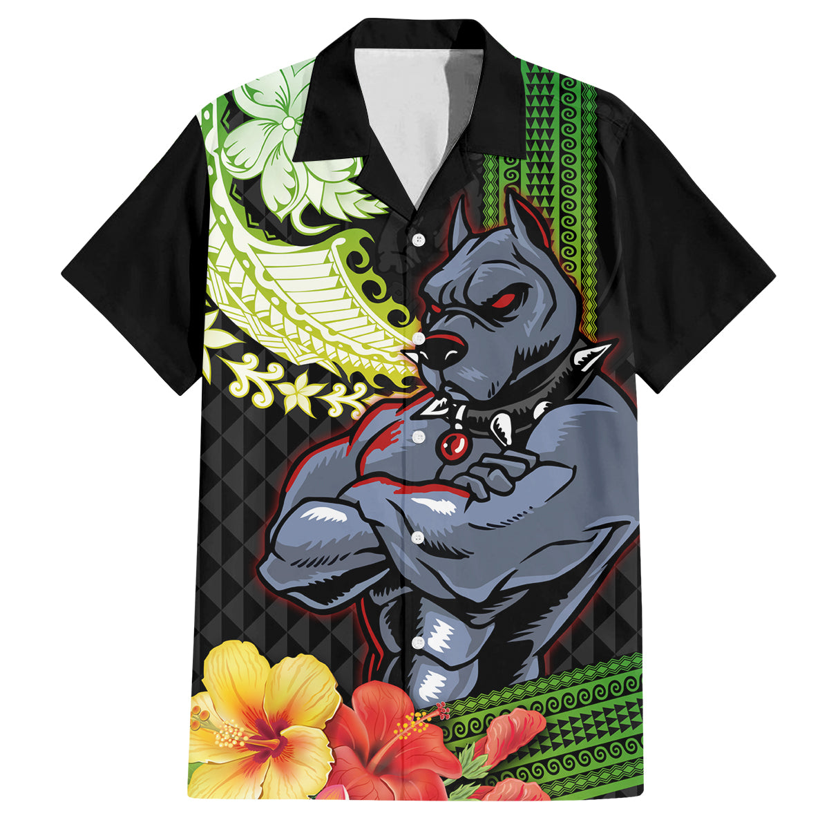 Hawaii Kaimuki High School Family Matching Puletasi Dress and Hawaiian Shirt Tribal Kakau Pattern Mix Hibiscus Flower LT03 Dad's Shirt - Short Sleeve Black - Polynesian Pride