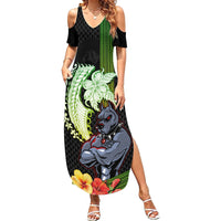 Hawaii Kaimuki High School Family Matching Summer Maxi Dress and Hawaiian Shirt Tribal Kakau Pattern Mix Hibiscus Flower LT03 Mom's Dress Black - Polynesian Pride