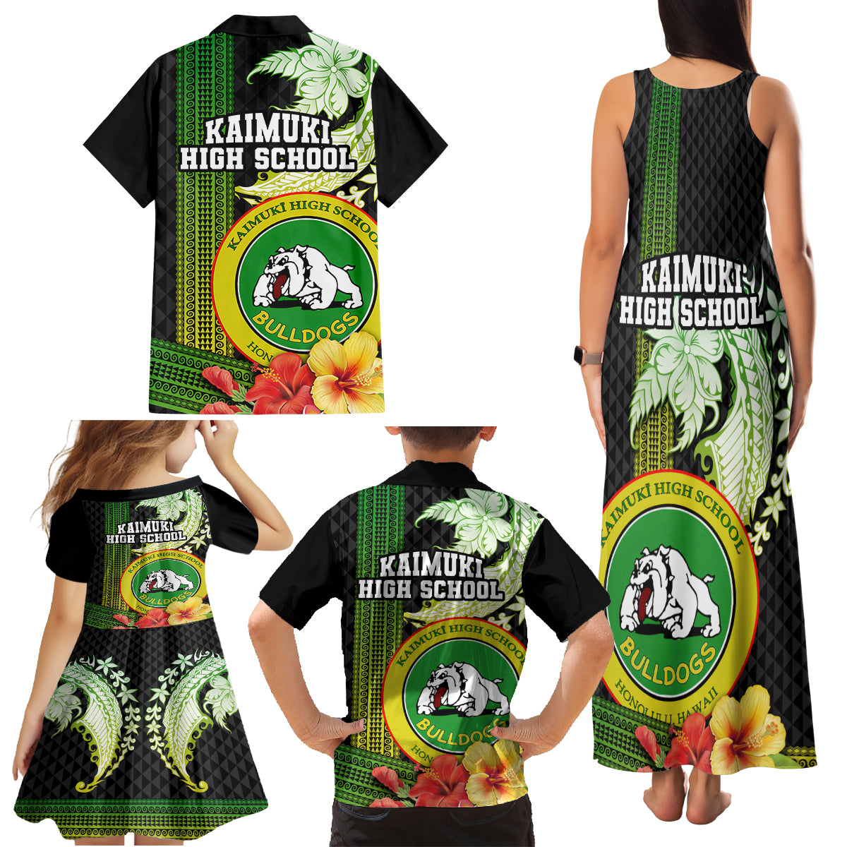 Hawaii Kaimuki High School Family Matching Tank Maxi Dress and Hawaiian Shirt Tribal Kakau Pattern Mix Hibiscus Flower LT03 - Polynesian Pride