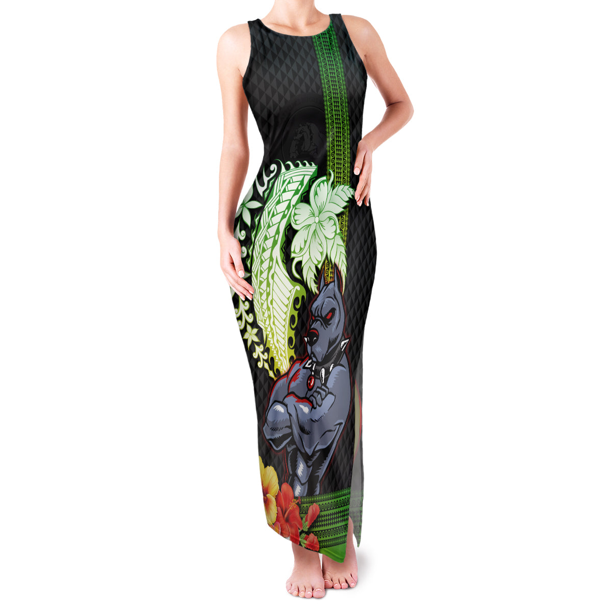 Hawaii Kaimuki High School Family Matching Tank Maxi Dress and Hawaiian Shirt Tribal Kakau Pattern Mix Hibiscus Flower LT03 Mom's Dress Black - Polynesian Pride