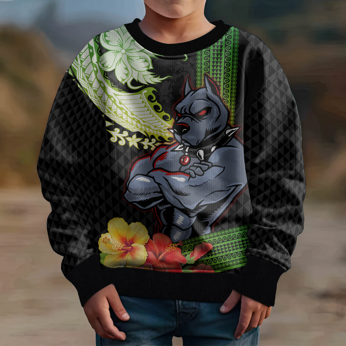 Hawaii Kaimuki High School Kid Ugly Christmas Sweater Tribal Kakau Pattern Mix Hibiscus Flower LT03 - Polynesian Pride