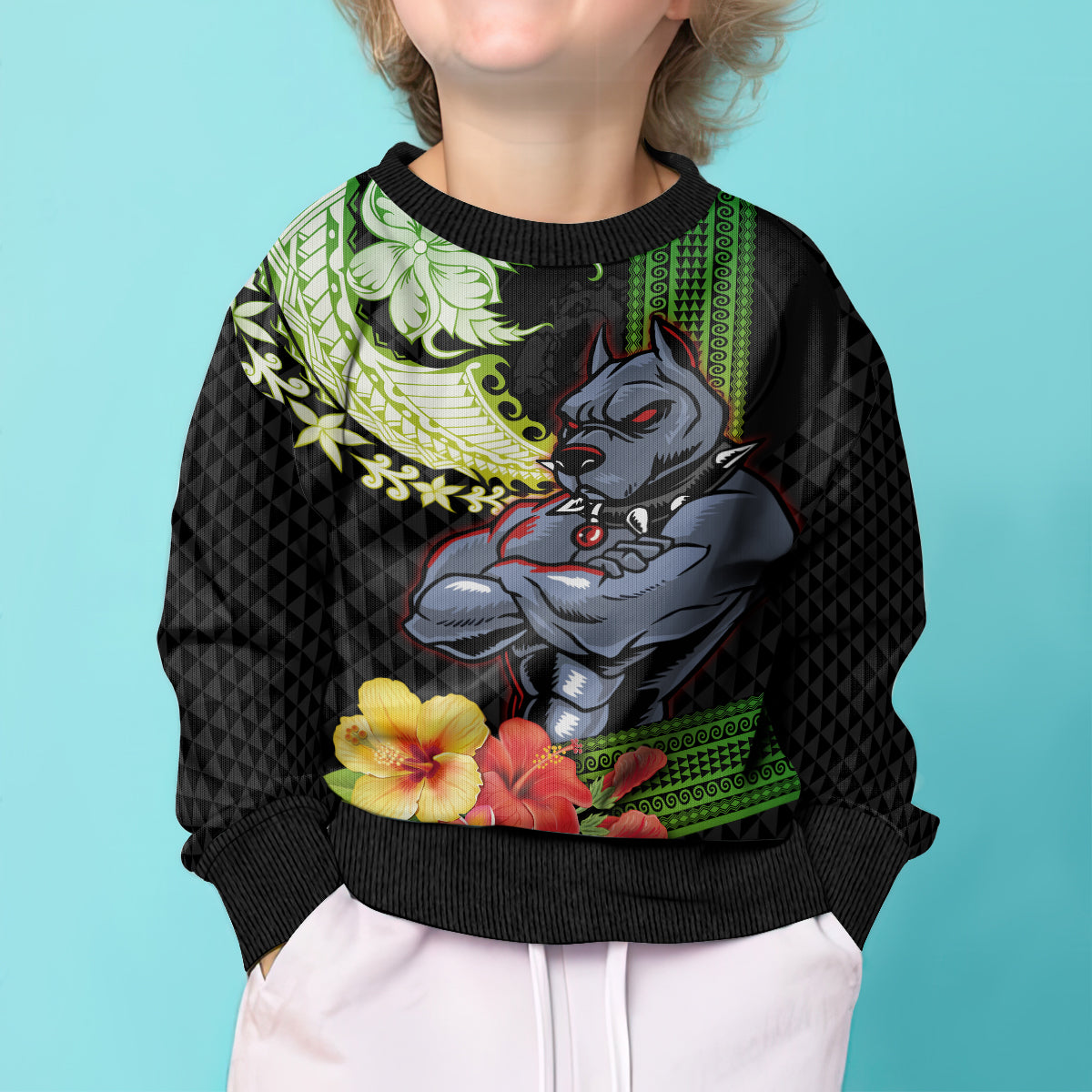 Hawaii Kaimuki High School Kid Ugly Christmas Sweater Tribal Kakau Pattern Mix Hibiscus Flower LT03 - Polynesian Pride