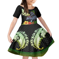 Hawaii Kaimuki High School Kid Short Sleeve Dress Tribal Kakau Pattern Mix Hibiscus Flower LT03 KID Black - Polynesian Pride