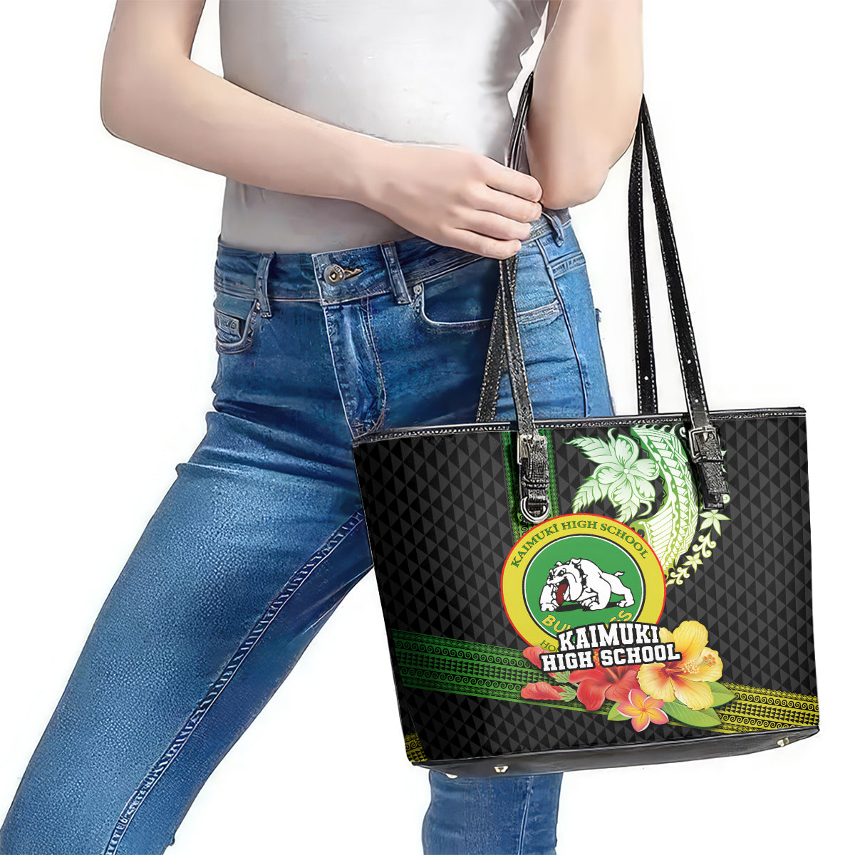 Hawaii Kaimuki High School Leather Tote Bag Tribal Kakau Pattern Mix Hibiscus Flower LT03 - Polynesian Pride