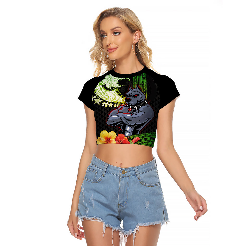 Hawaii Kaimuki High School Raglan Cropped T Shirt Tribal Kakau Pattern Mix Hibiscus Flower LT03 Female Black - Polynesian Pride