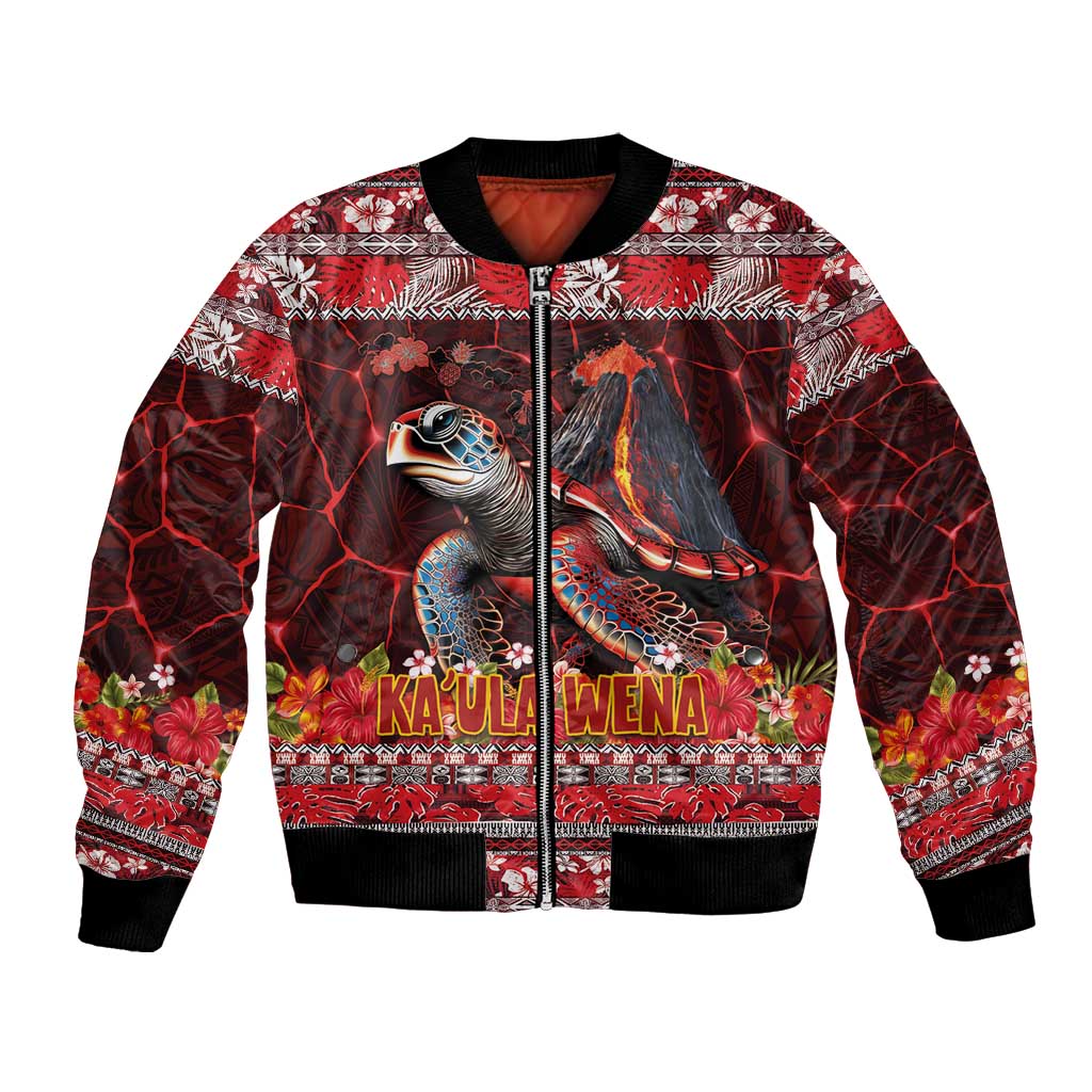 Hawaii KaʻUla Wena Volcano Turtle Bomber Jacket Lava and Tropical Plants Tribal Pattern