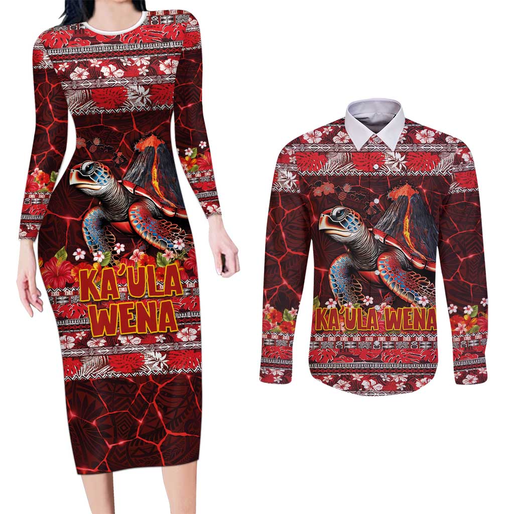 Hawaii KaʻUla Wena Volcano Turtle Couples Matching Long Sleeve Bodycon Dress and Long Sleeve Button Shirt Lava and Tropical Plants Tribal Pattern