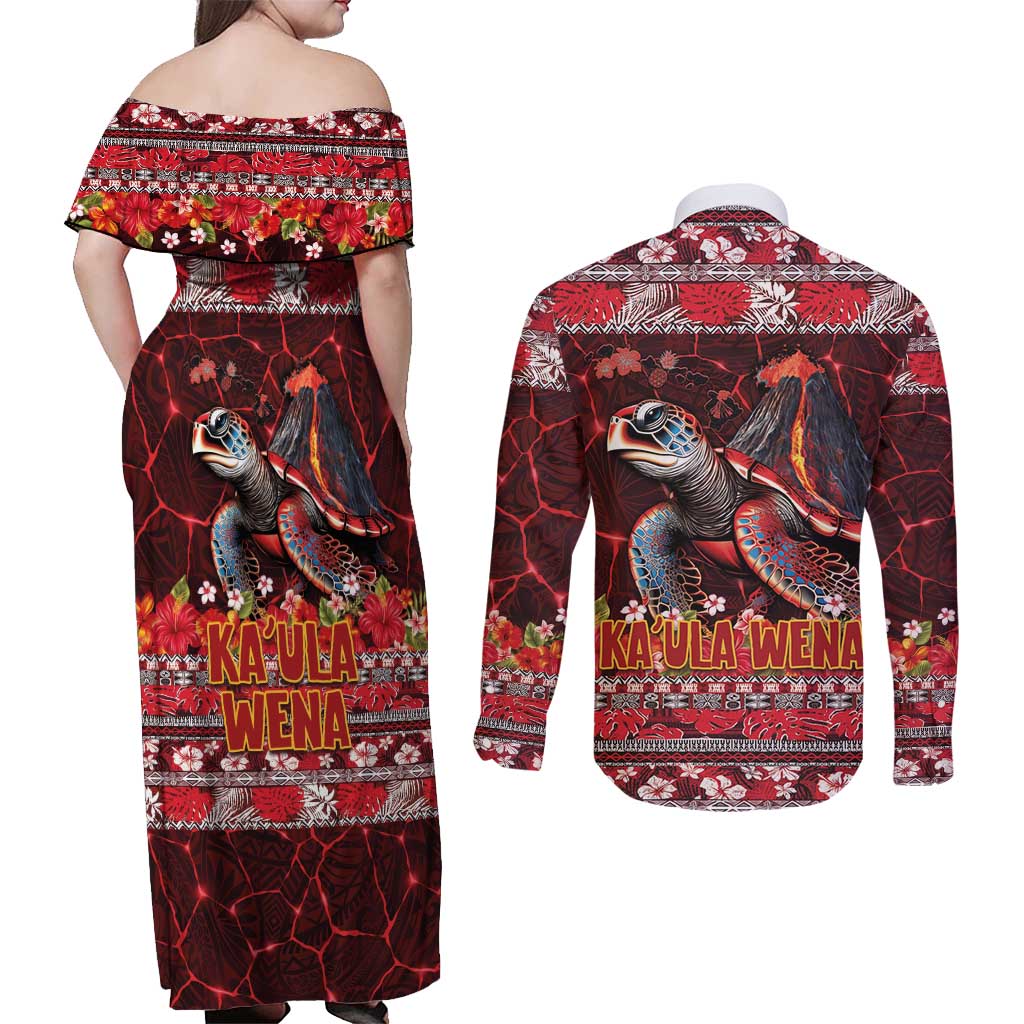 Hawaii KaʻUla Wena Volcano Turtle Couples Matching Off Shoulder Maxi Dress and Long Sleeve Button Shirt Lava and Tropical Plants Tribal Pattern