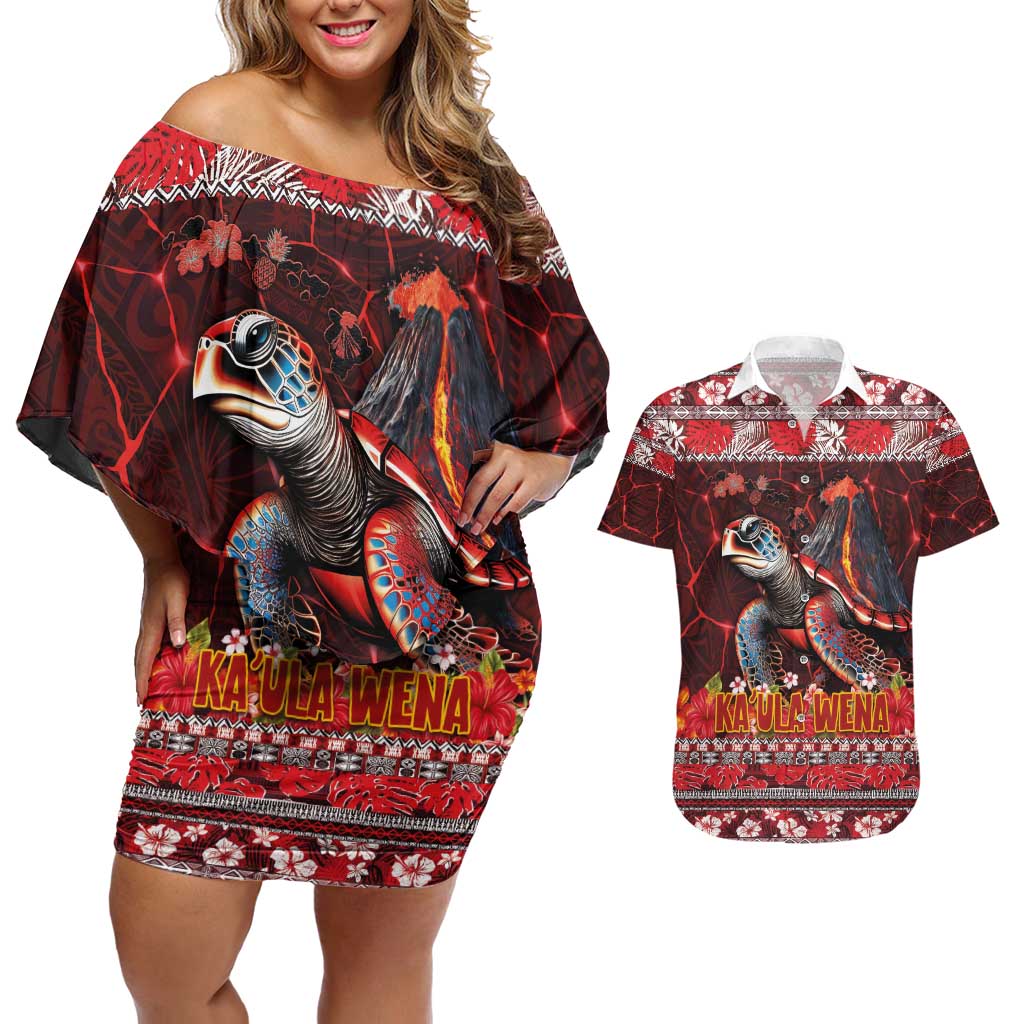 Hawaii KaʻUla Wena Volcano Turtle Couples Matching Off Shoulder Short Dress and Hawaiian Shirt Lava and Tropical Plants Tribal Pattern