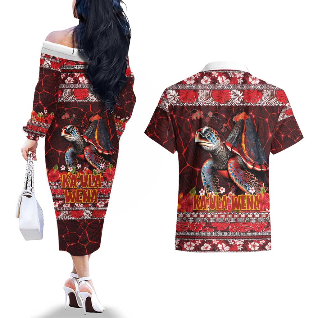 Hawaii KaʻUla Wena Volcano Turtle Couples Matching Off The Shoulder Long Sleeve Dress and Hawaiian Shirt Lava and Tropical Plants Tribal Pattern