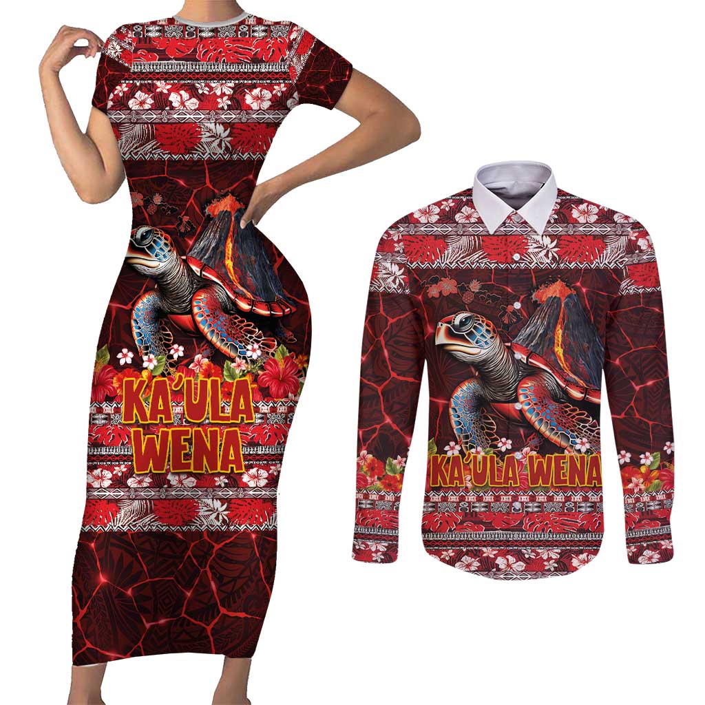 Hawaii KaʻUla Wena Volcano Turtle Couples Matching Short Sleeve Bodycon Dress and Long Sleeve Button Shirt Lava and Tropical Plants Tribal Pattern