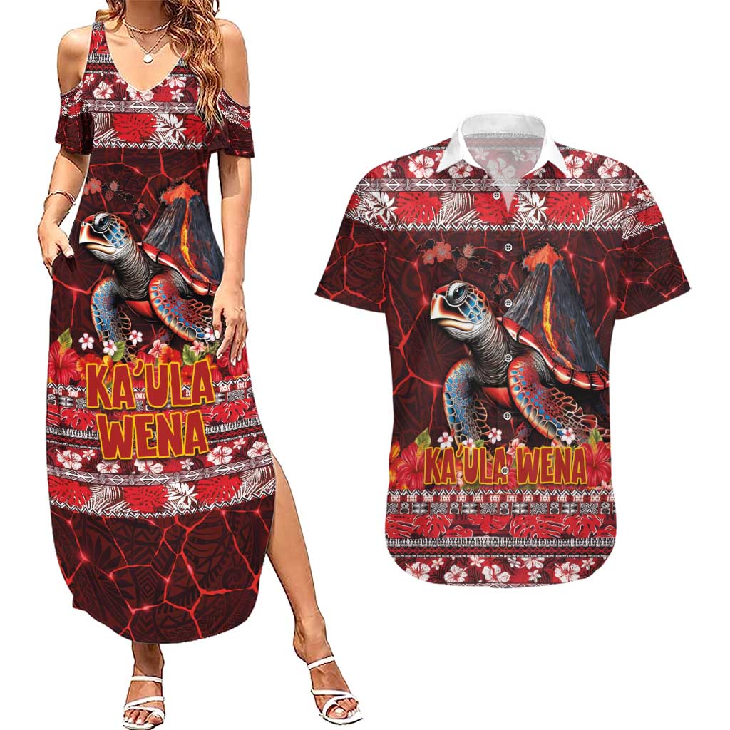 Hawaii KaʻUla Wena Volcano Turtle Couples Matching Summer Maxi Dress and Hawaiian Shirt Lava and Tropical Plants Tribal Pattern
