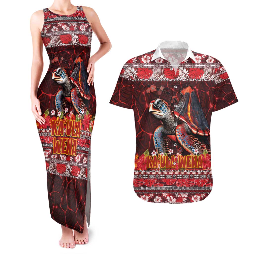 Hawaii KaʻUla Wena Volcano Turtle Couples Matching Tank Maxi Dress and Hawaiian Shirt Lava and Tropical Plants Tribal Pattern