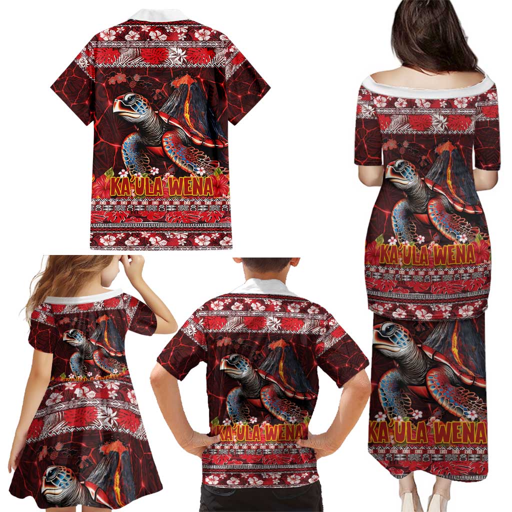 Hawaii KaʻUla Wena Volcano Turtle Family Matching Puletasi and Hawaiian Shirt Lava and Tropical Plants Tribal Pattern