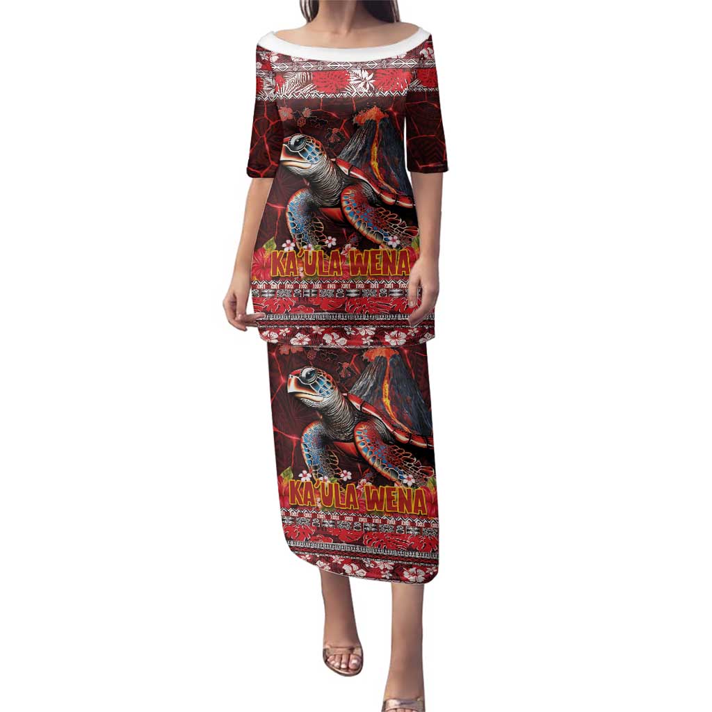 Hawaii KaʻUla Wena Volcano Turtle Family Matching Puletasi and Hawaiian Shirt Lava and Tropical Plants Tribal Pattern
