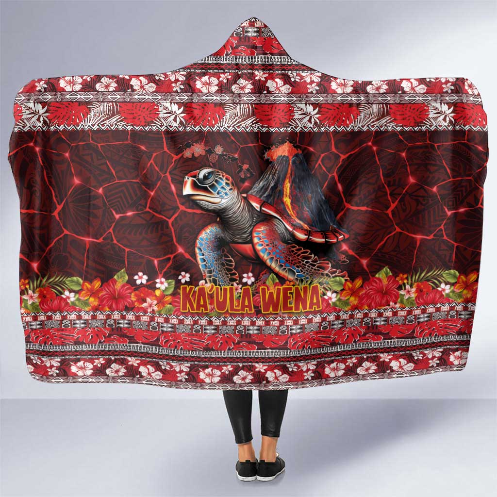 Hawaii KaʻUla Wena Volcano Turtle Hooded Blanket Lava and Tropical Plants Tribal Pattern