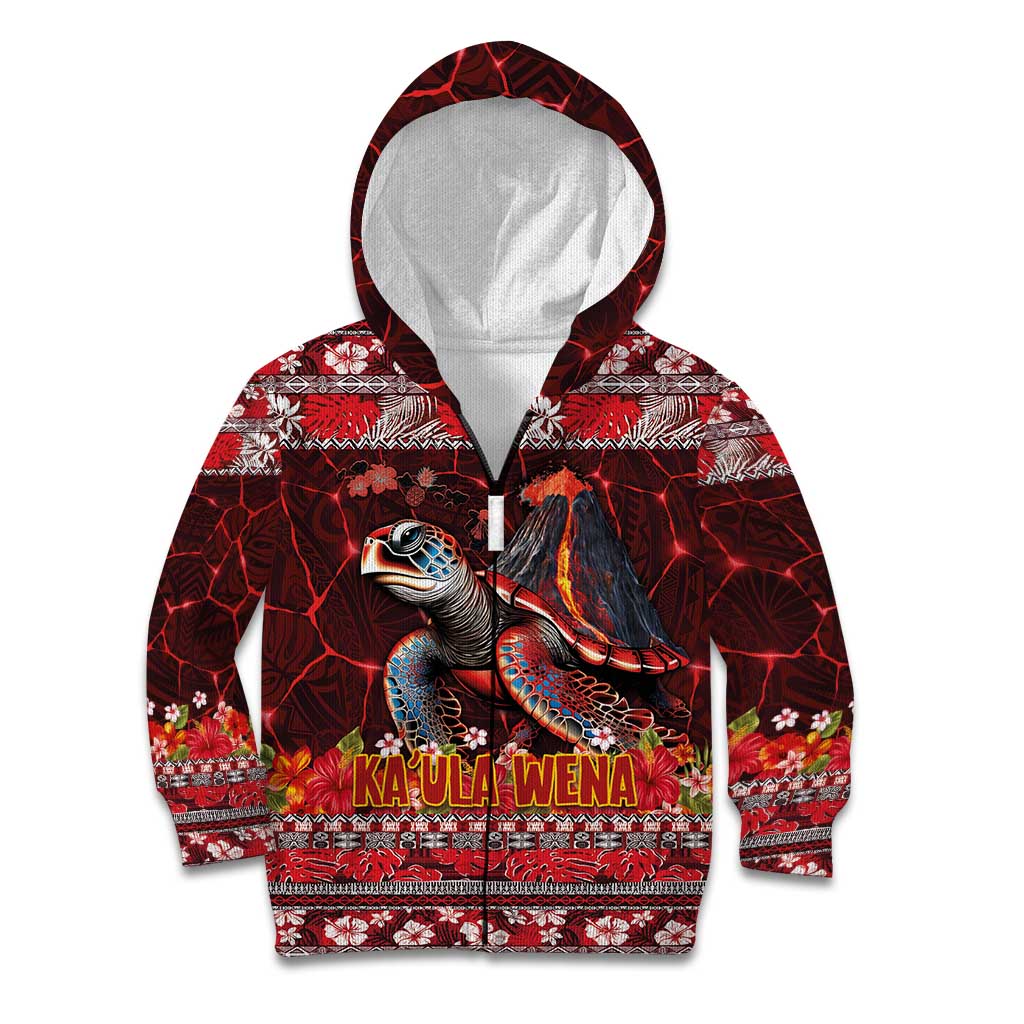 Hawaii KaʻUla Wena Volcano Turtle Kid Hoodie Lava and Tropical Plants Tribal Pattern