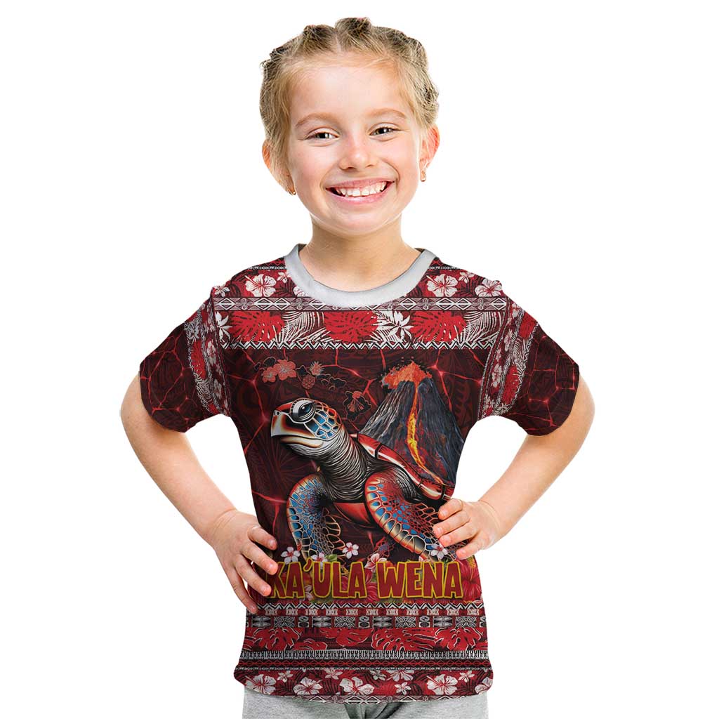 Hawaii KaʻUla Wena Volcano Turtle Kid T Shirt Lava and Tropical Plants Tribal Pattern