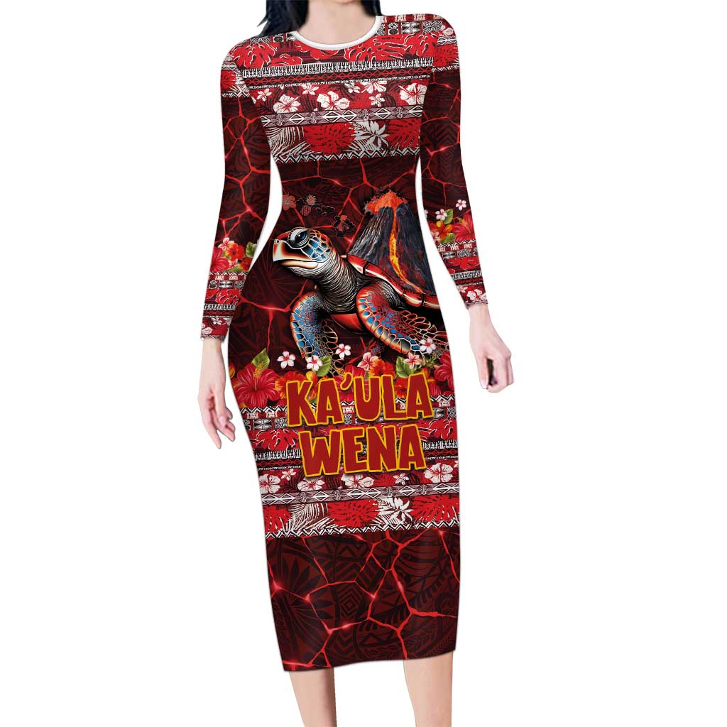 Hawaii KaʻUla Wena Volcano Turtle Long Sleeve Bodycon Dress Lava and Tropical Plants Tribal Pattern