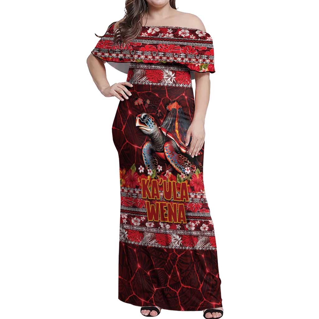 Hawaii KaʻUla Wena Volcano Turtle Off Shoulder Maxi Dress Lava and Tropical Plants Tribal Pattern