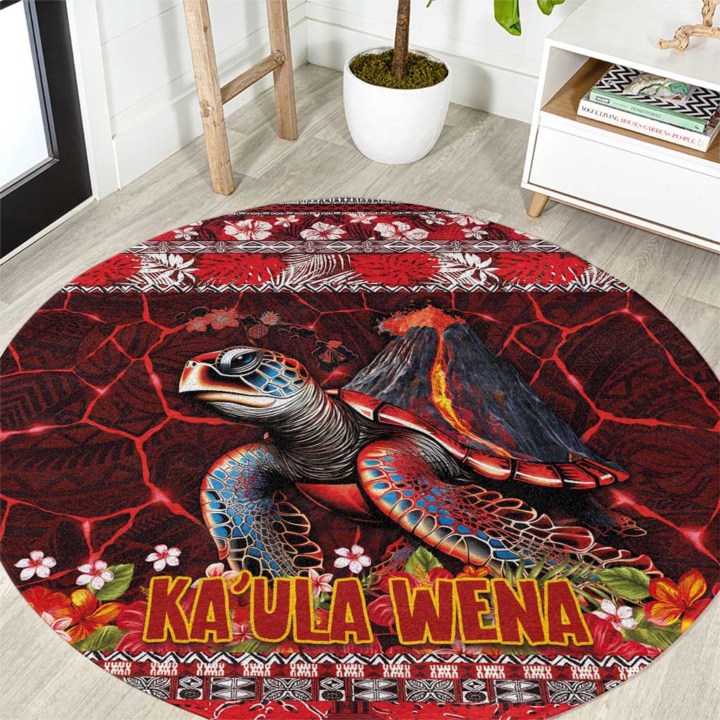 Hawaii KaʻUla Wena Volcano Turtle Round Carpet Lava and Tropical Plants Tribal Pattern