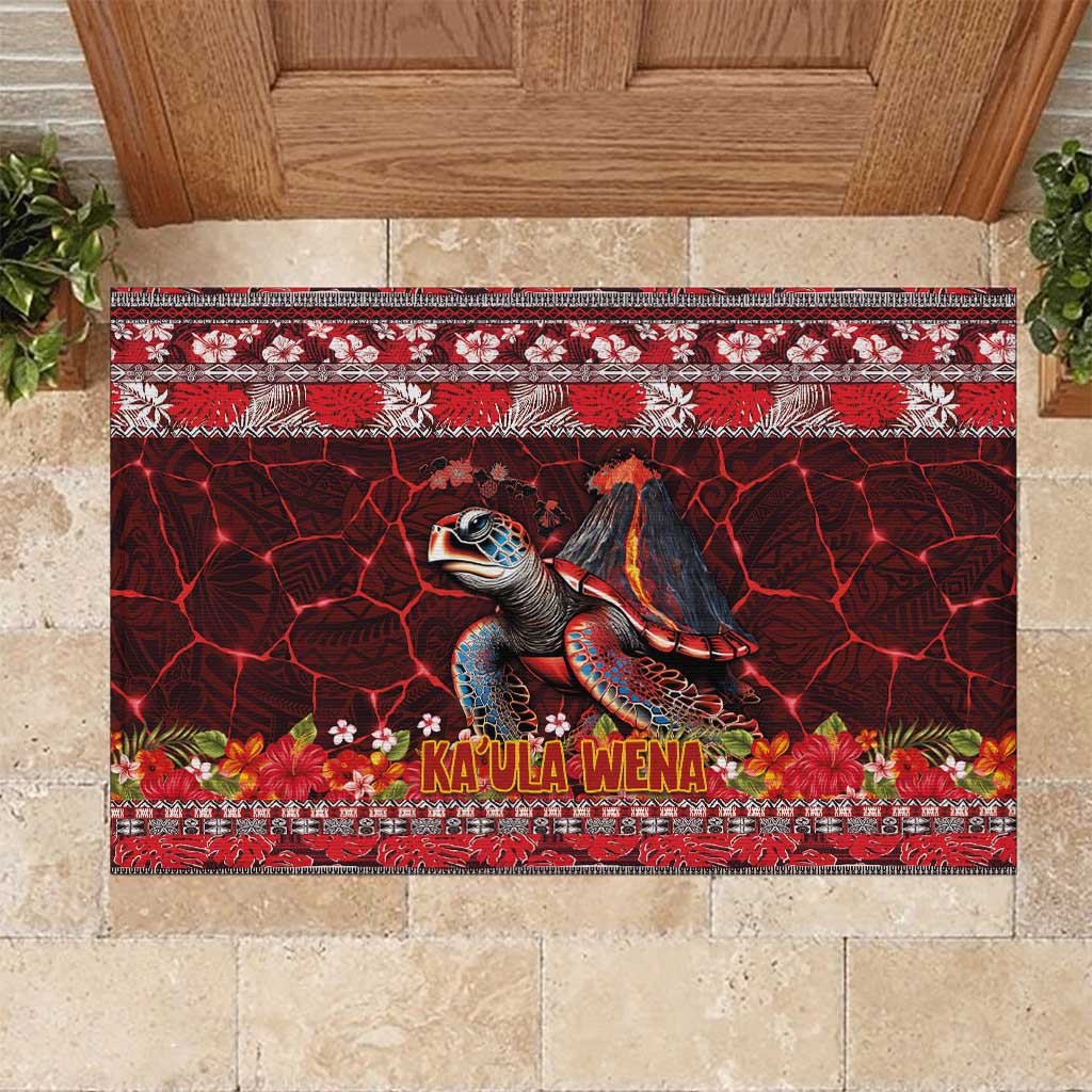 Hawaii KaʻUla Wena Volcano Turtle Rubber Doormat Lava and Tropical Plants Tribal Pattern