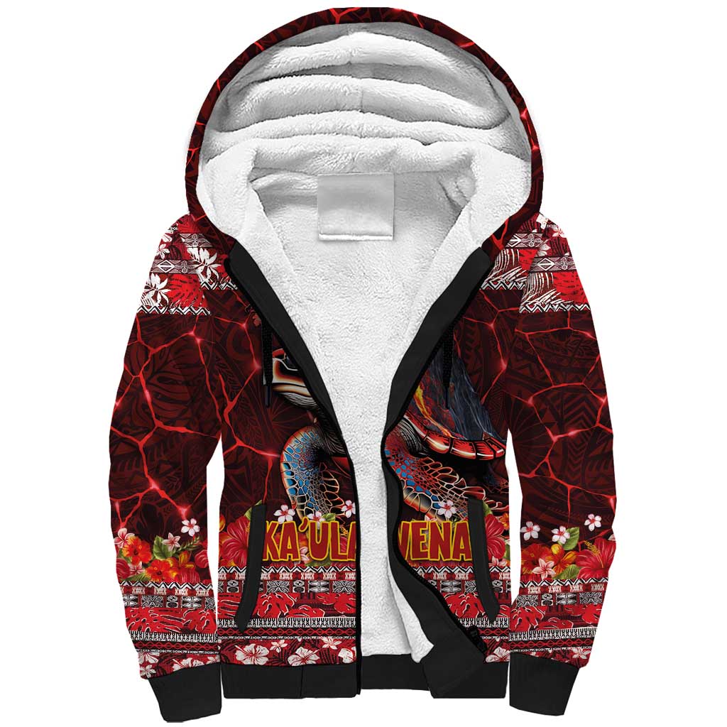 Hawaii KaʻUla Wena Volcano Turtle Sherpa Hoodie Lava and Tropical Plants Tribal Pattern