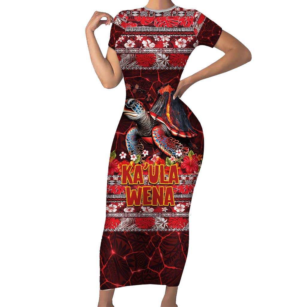 Hawaii KaʻUla Wena Volcano Turtle Short Sleeve Bodycon Dress Lava and Tropical Plants Tribal Pattern