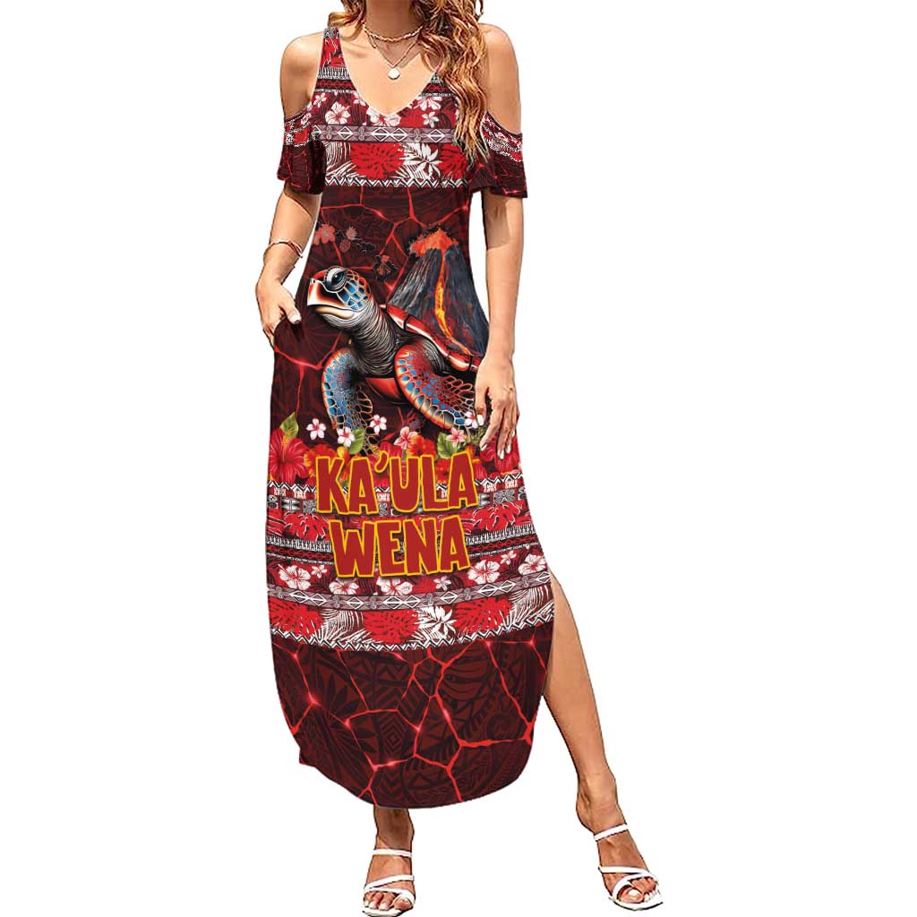 Hawaii KaʻUla Wena Volcano Turtle Summer Maxi Dress Lava and Tropical Plants Tribal Pattern