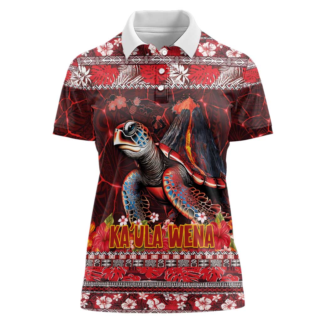 Hawaii KaʻUla Wena Volcano Turtle Women Polo Shirt Lava and Tropical Plants Tribal Pattern