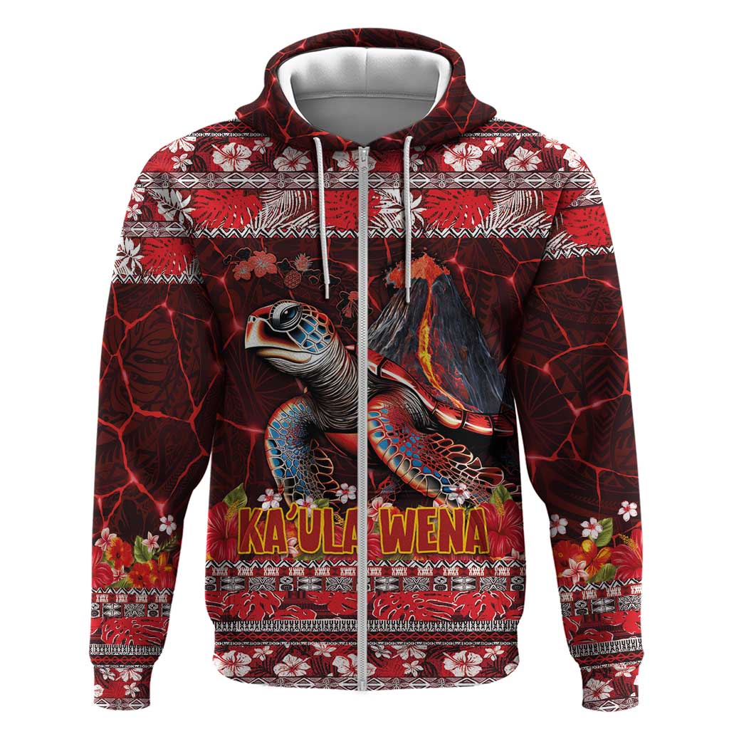 Hawaii KaʻUla Wena Volcano Turtle Zip Hoodie Lava and Tropical Plants Tribal Pattern