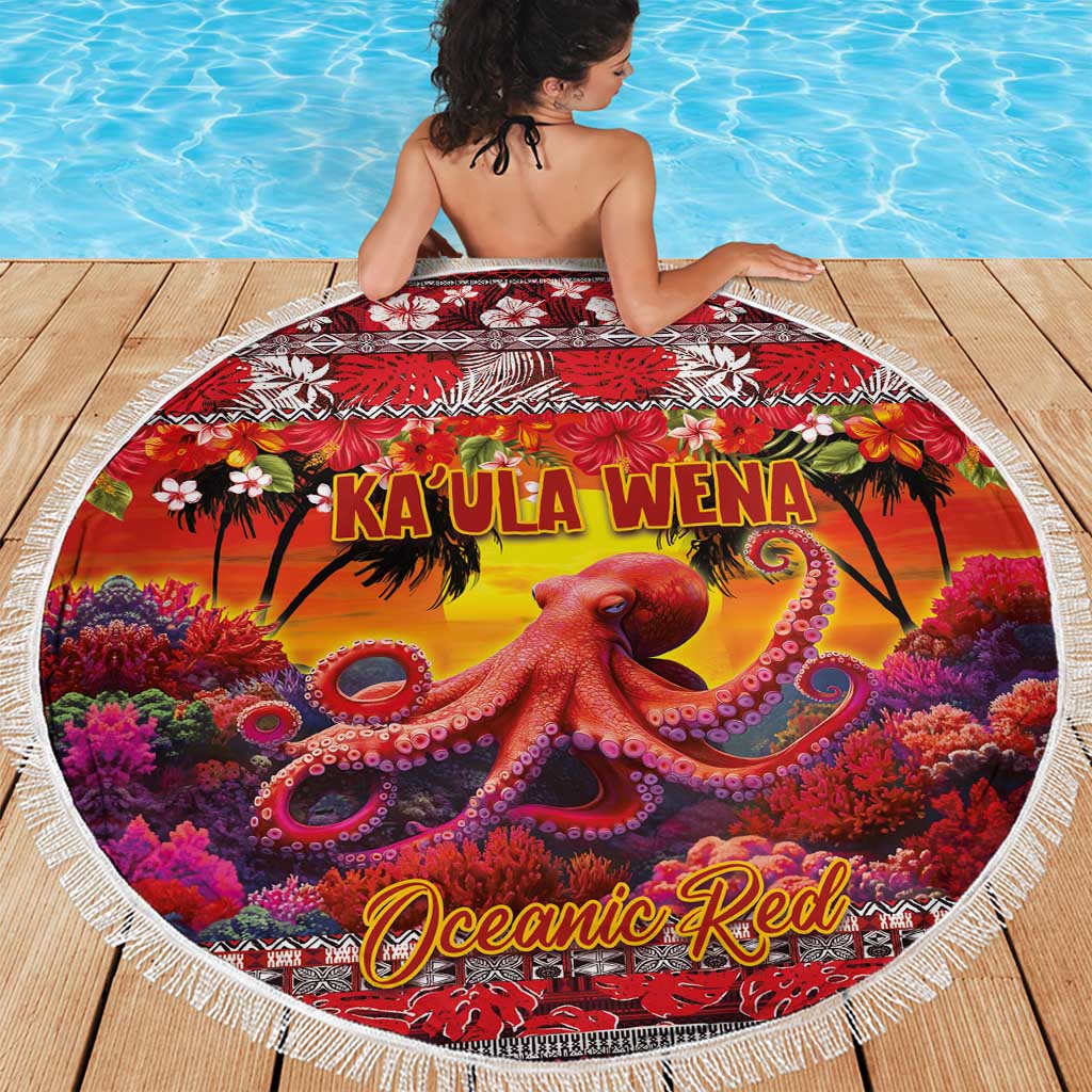 Hawaii KaʻUla Wena Octopus Beach Blanket Oceanic Red with Corals and Tropical On Sunset Landscape