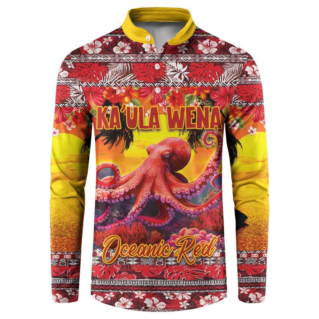 Hawaii KaʻUla Wena Octopus Button Sweatshirt Oceanic Red with Corals and Tropical On Sunset Landscape